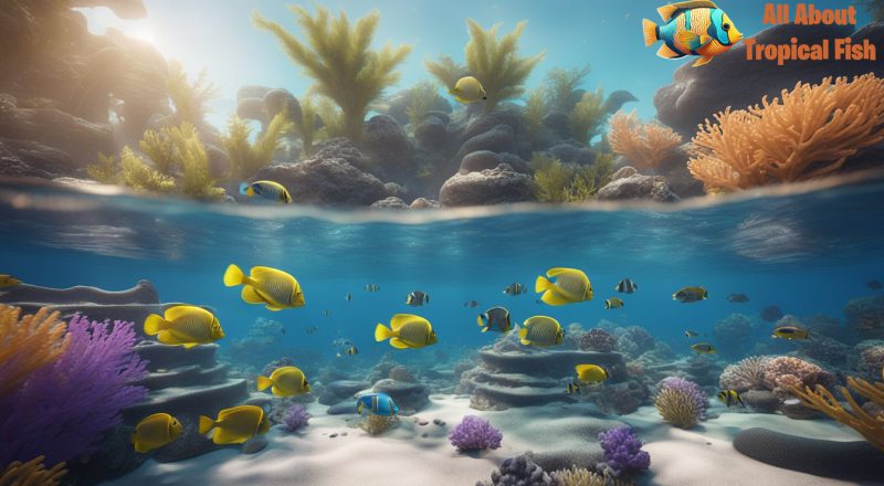 Tropical fish swim in a vibrant coral reef, surrounded by clear water with a balanced pH levels