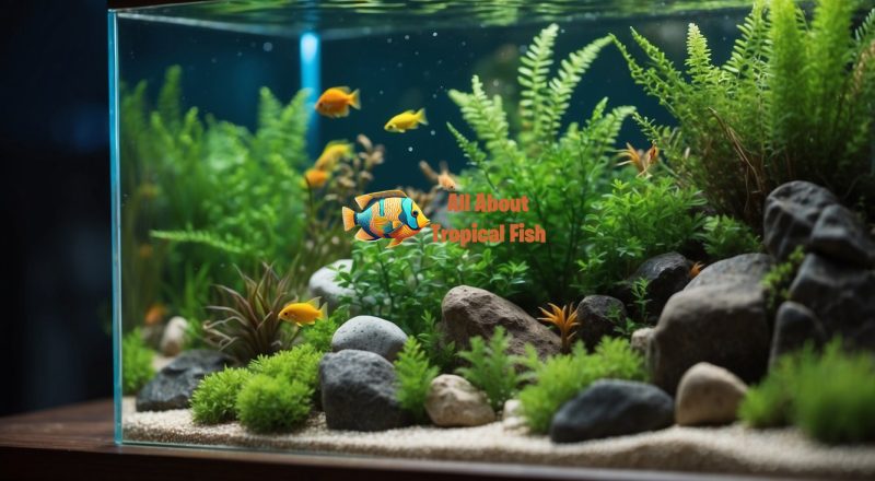 Lush green plants fill a glass aquarium, surrounded by smooth rocks