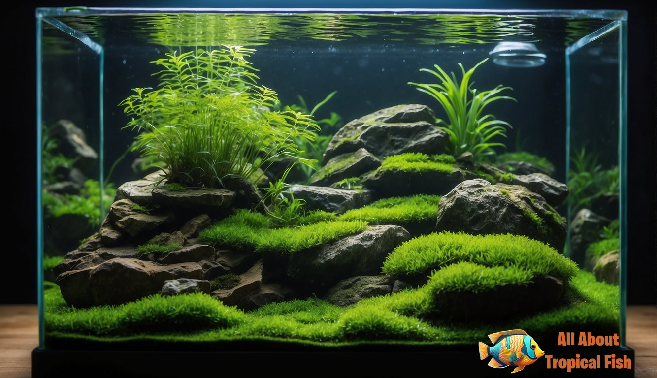 A variety of freshwater aquatic plants fill a fish tank, including java moss, anubias, and amazon sword