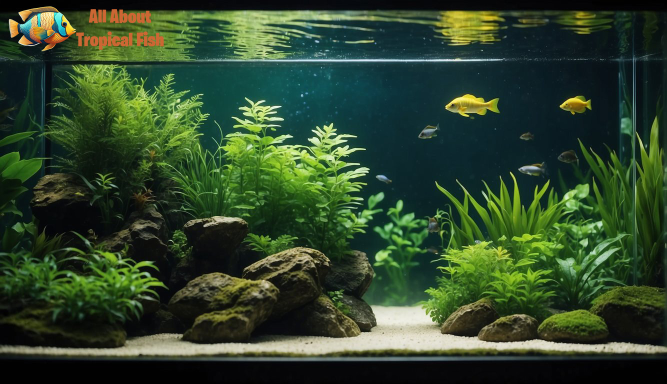 plants fill the freshwater fish tank, creating a vibrant and lively underwater scene