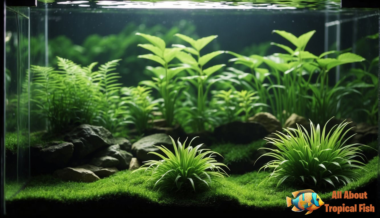 green midground plants sway in a freshwater fish tank