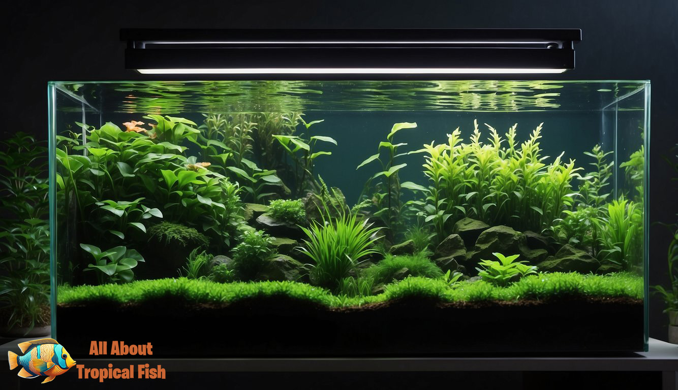 An aquascaped fish tank with a variety of different plants inside