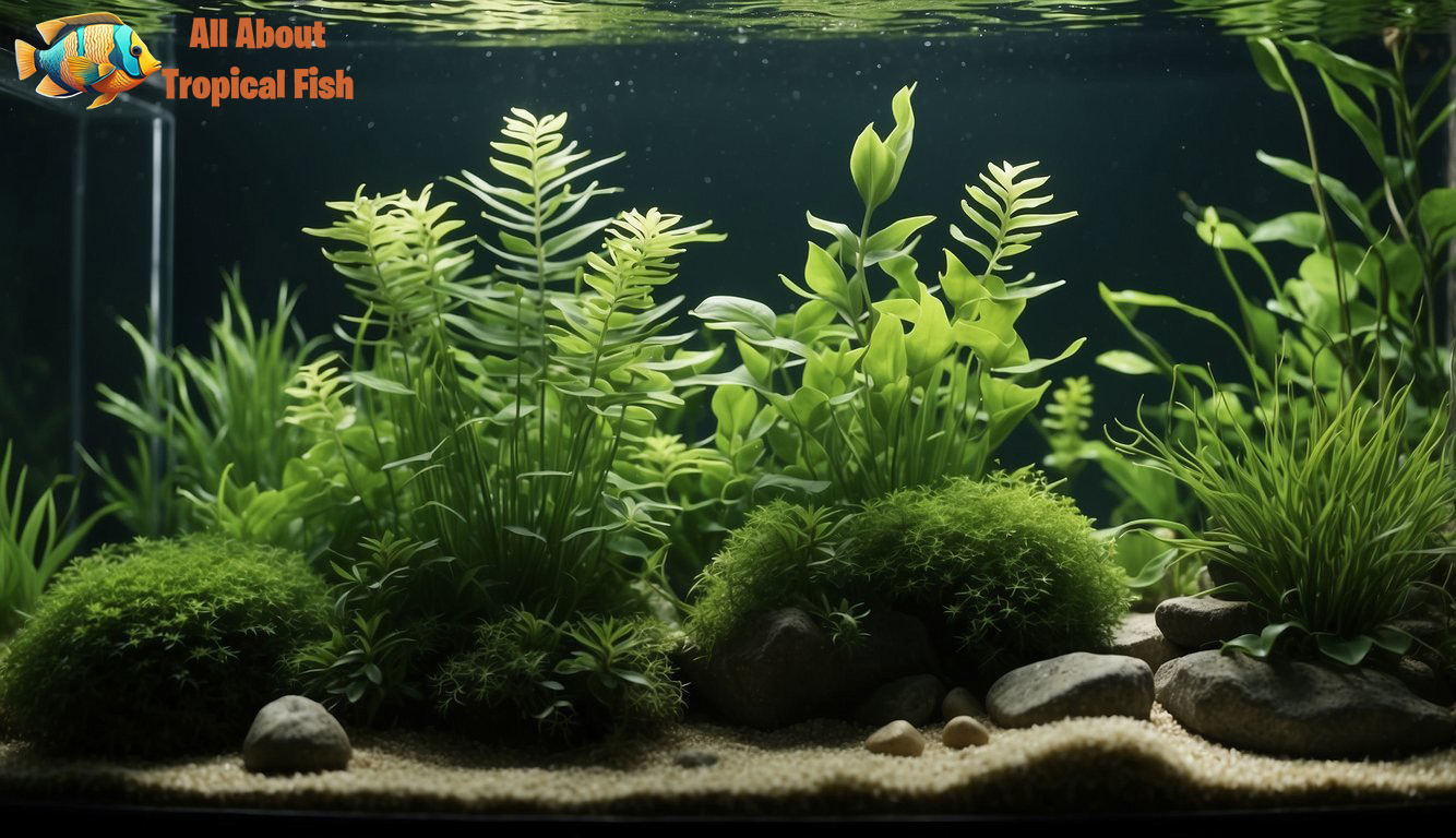 Plants in a freshwater fish tank, providing natural filtration and oxygenation for the water